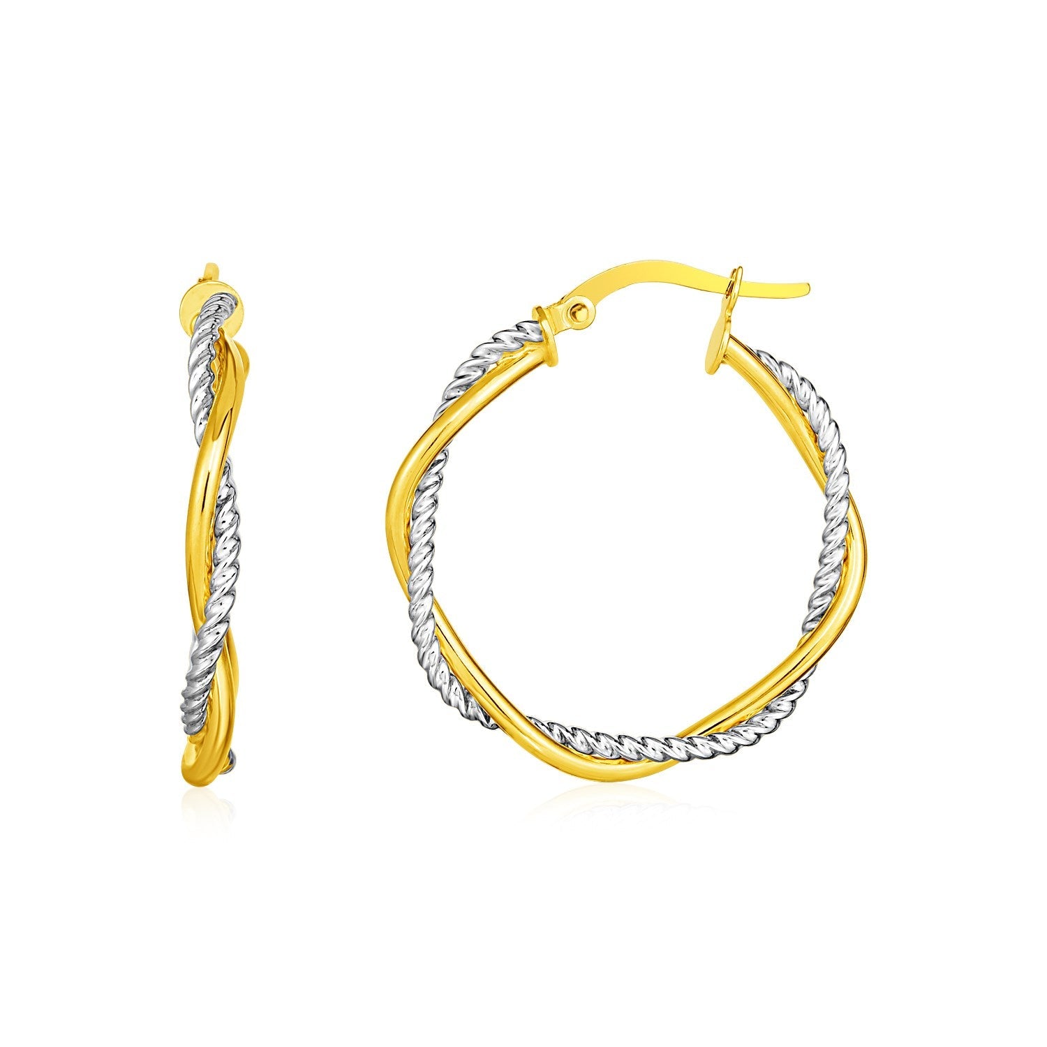 14k Yellow and White Gold Two Part Textured Twisted Round Hoop Earrings-0