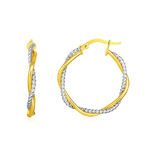 14k Yellow and White Gold Two Part Textured Twisted Round Hoop Earrings-0