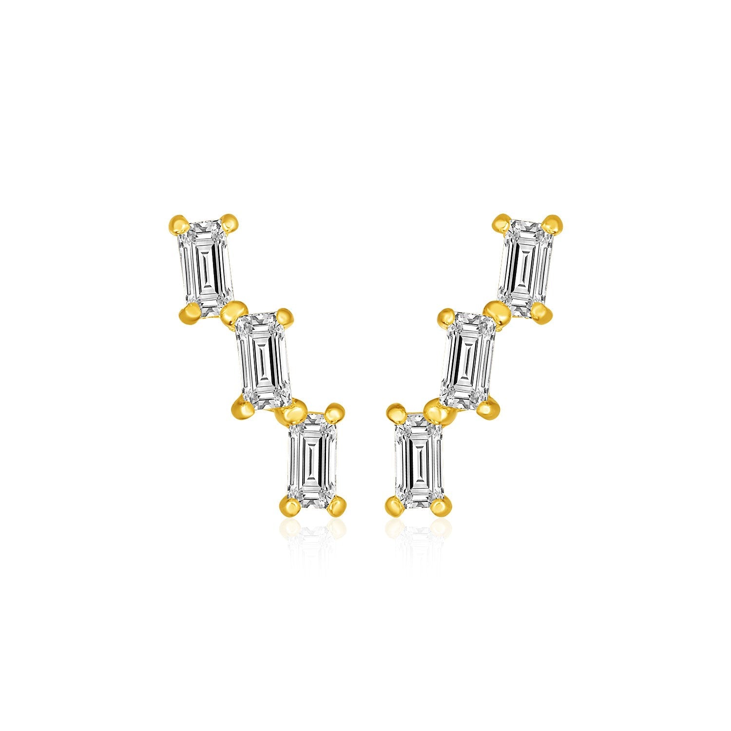 14k Yellow Gold Climber Post Earrings with Baguette Cubic Zirconias-0