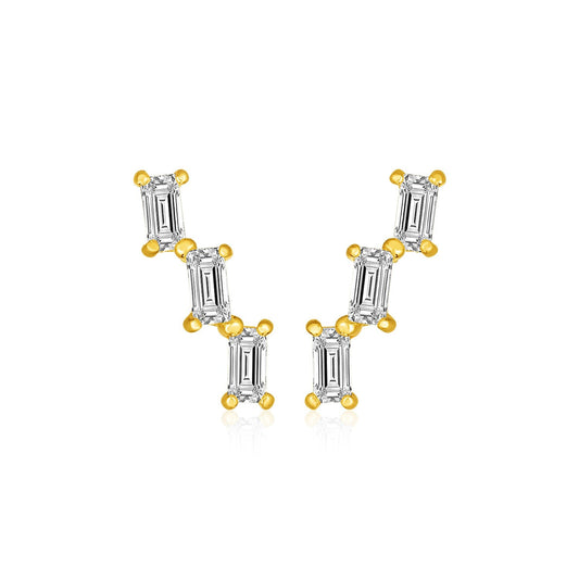 14k Yellow Gold Climber Post Earrings with Baguette Cubic Zirconias-0