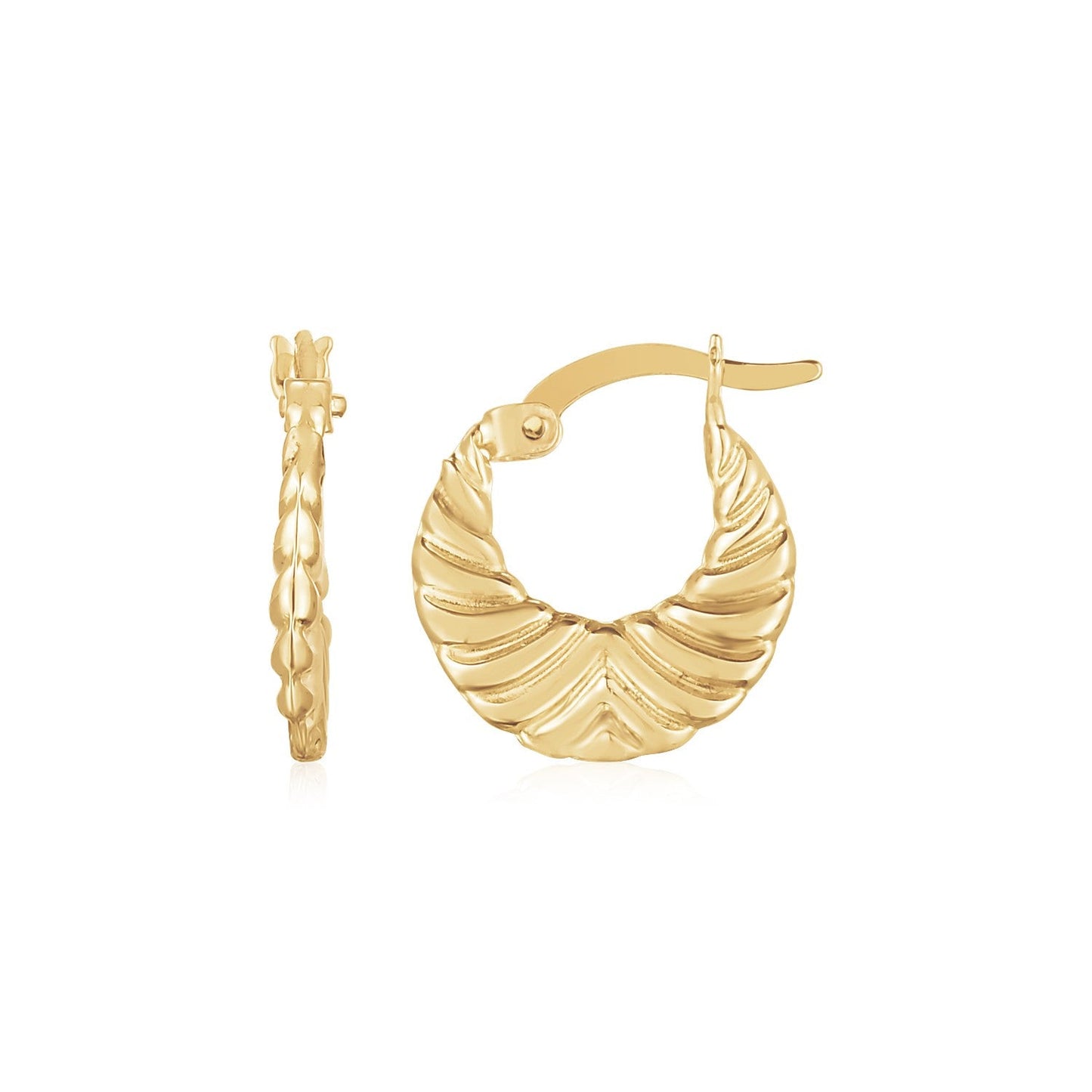 14K Yellow Gold Graduated Grooved Fancy Hoop Earrings-0