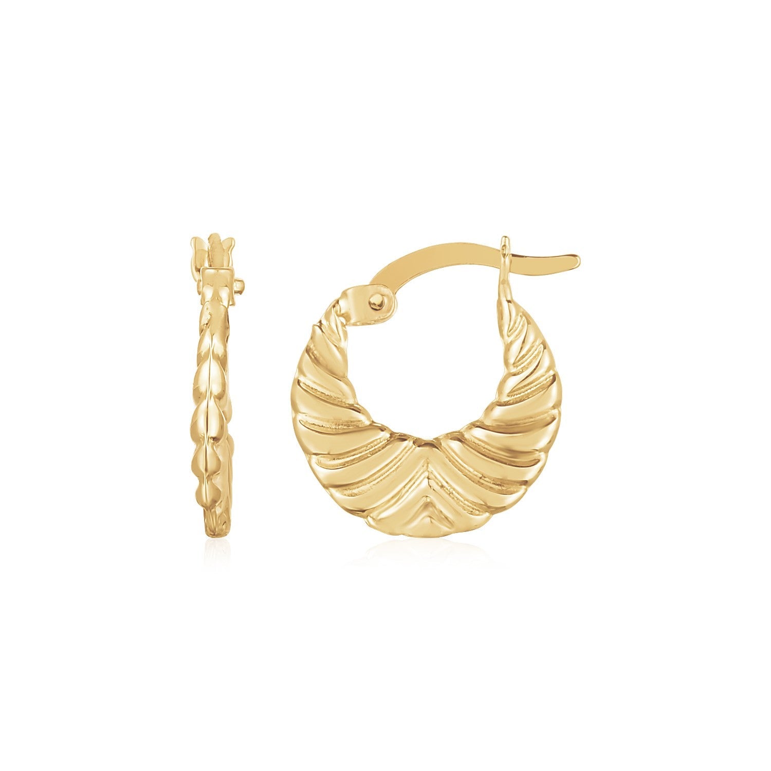 14K Yellow Gold Graduated Grooved Fancy Hoop Earrings-0