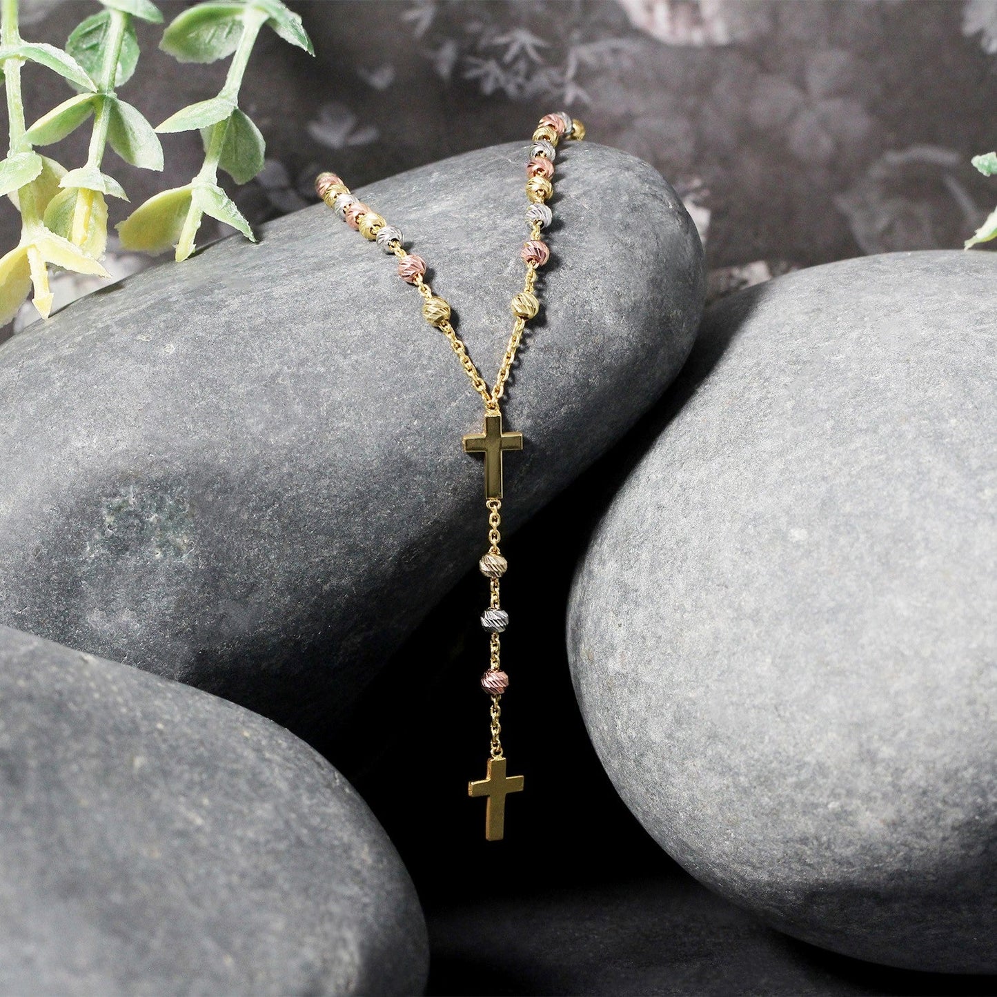 14k Tri-Color Gold Rosary Chain Necklace-3