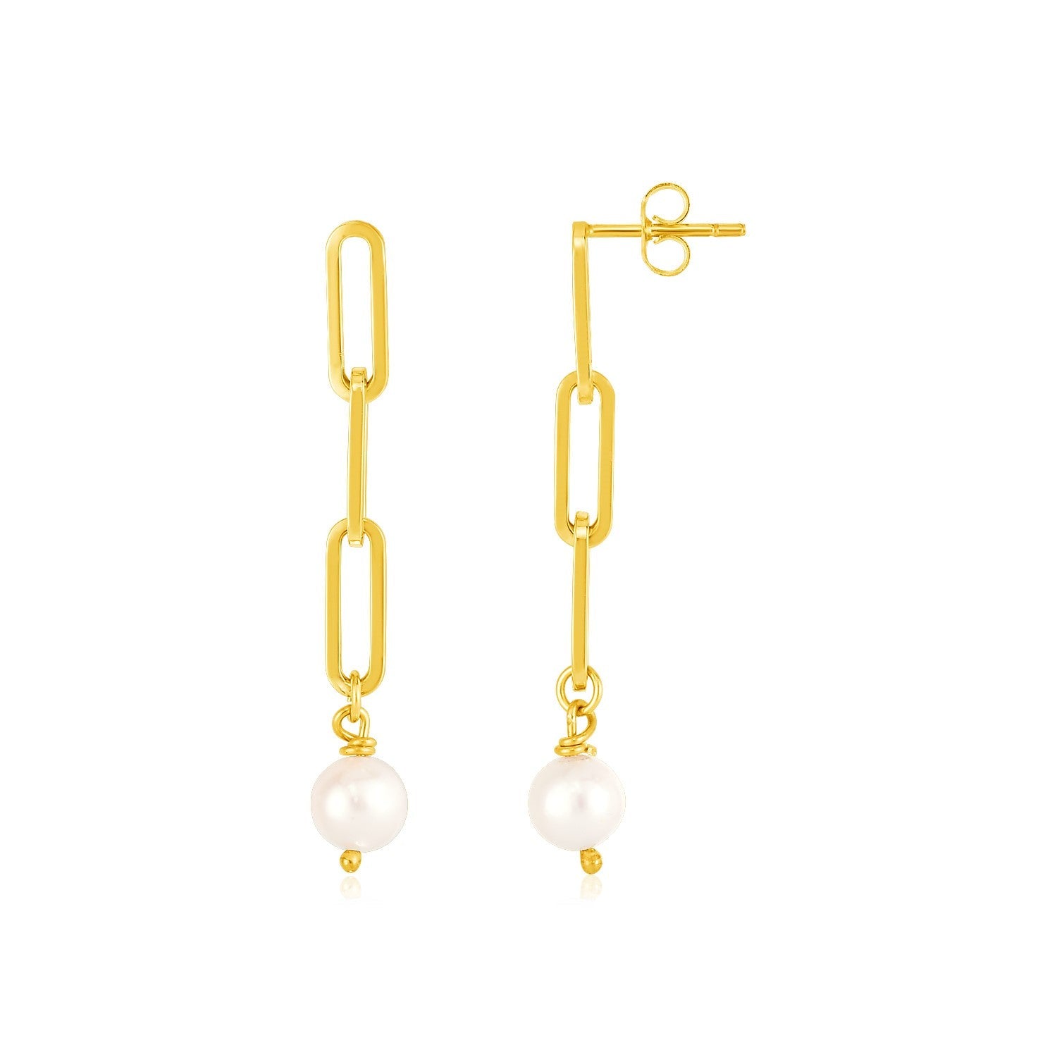14k Yellow Gold Paperclip Chain Link Earrings with Pearls-0