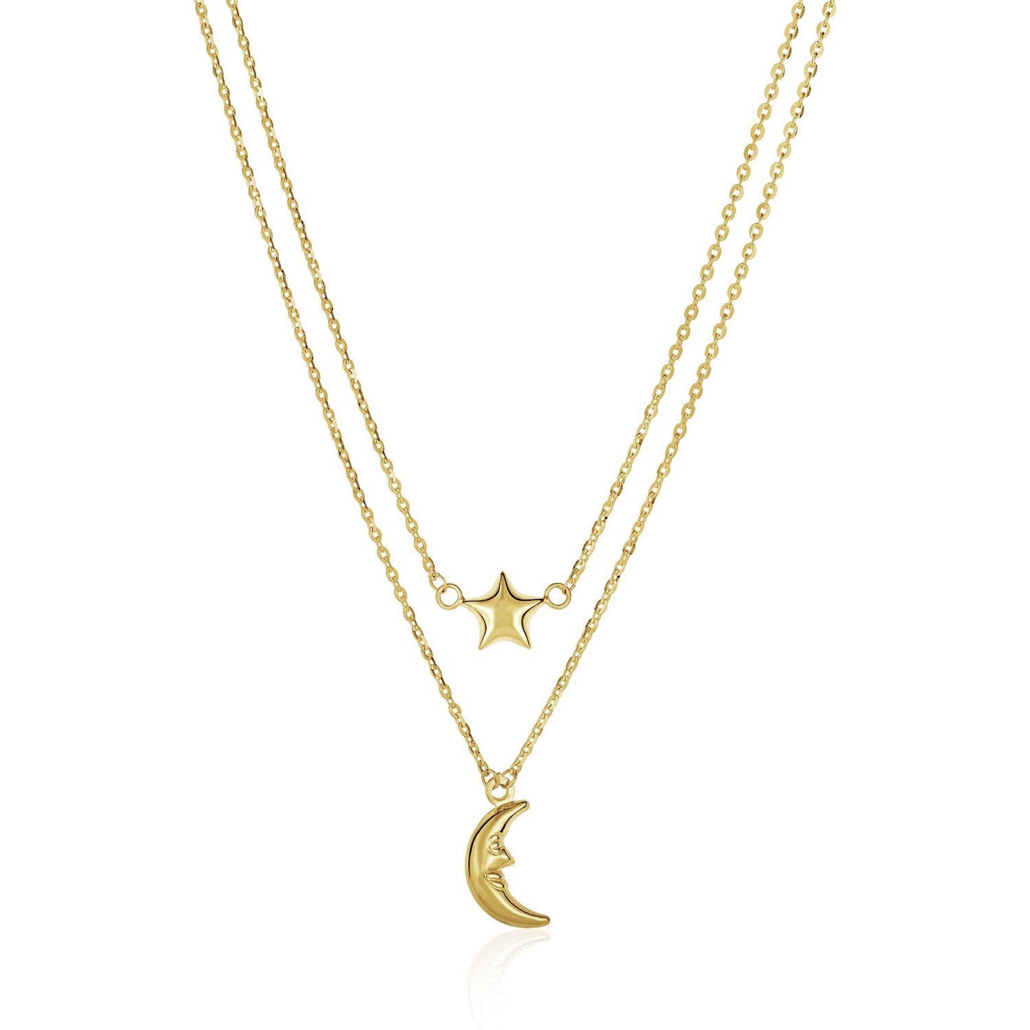 14k Yellow Gold Double-Strand Chain Necklace with Puff Moon and Star-0