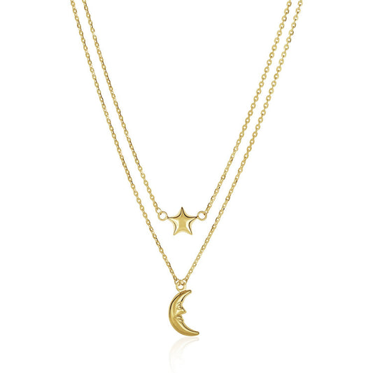 14k Yellow Gold Double-Strand Chain Necklace with Puff Moon and Star-0