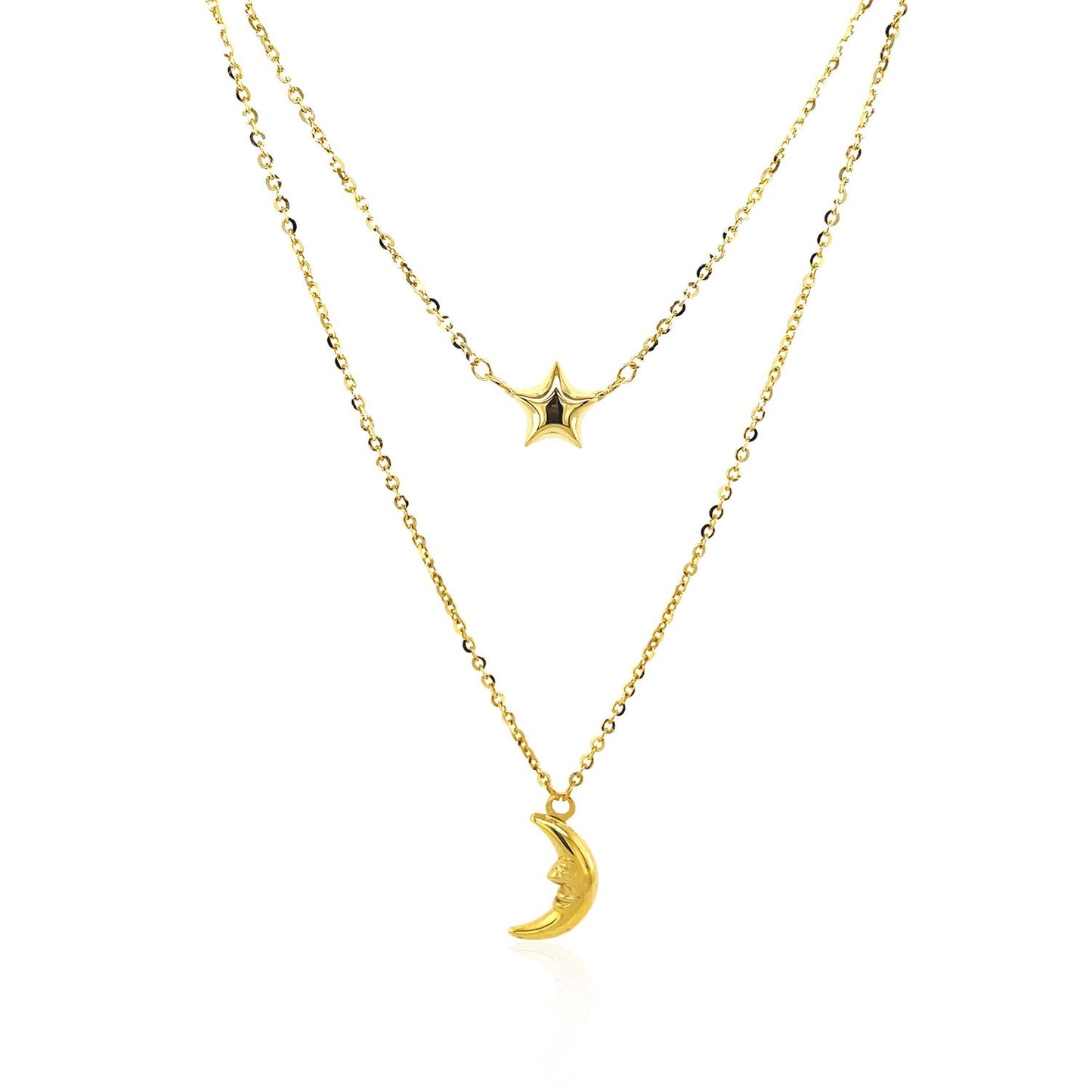 14k Yellow Gold Double-Strand Chain Necklace with Puff Moon and Star-1