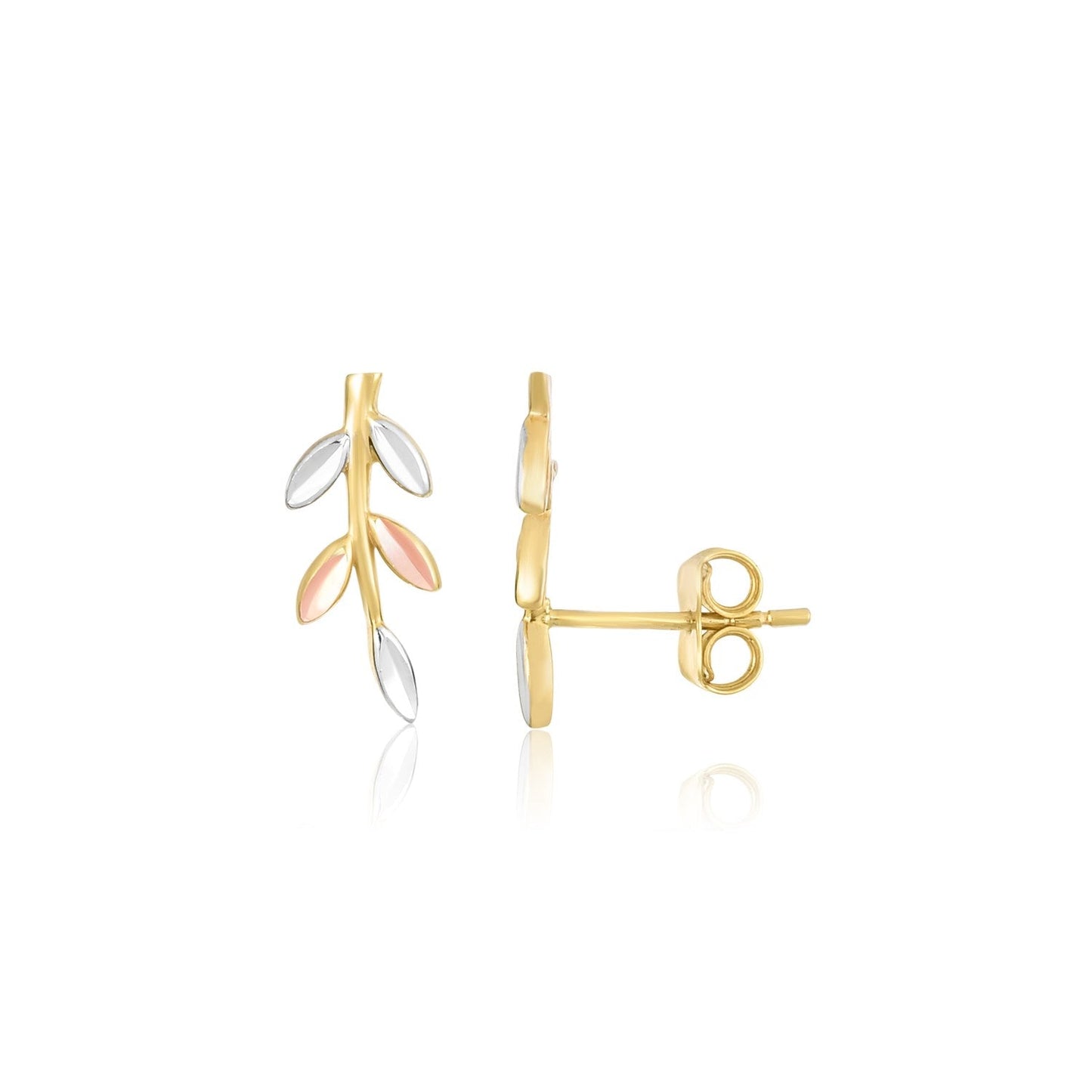 14k Tri-Color Gold Sprig Climber Style Stud Earrings-0