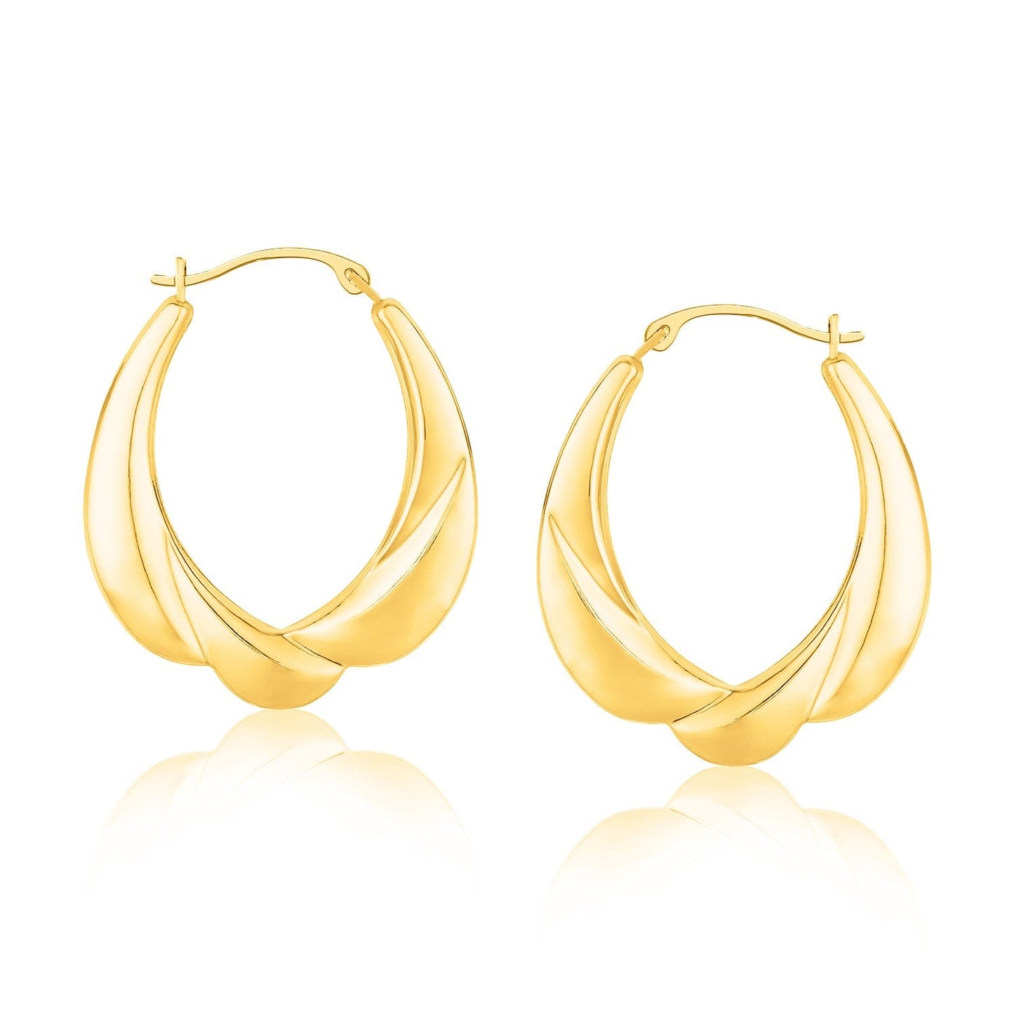 14k Yellow Gold Scallop Motif Graduated Oval Hoop Earrings-0