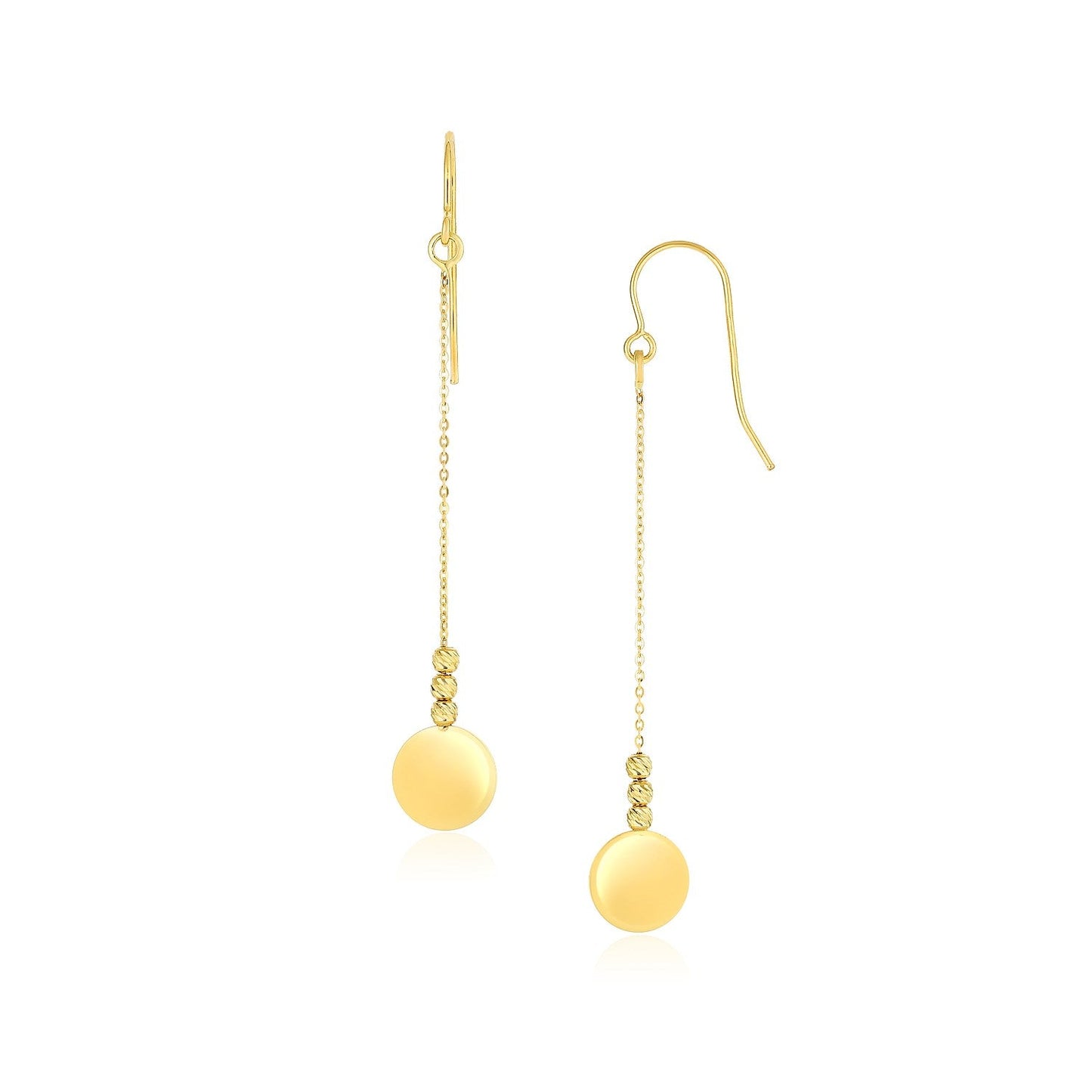 14k Yellow Gold Bead and Shiny Disc Drop Earrings-0