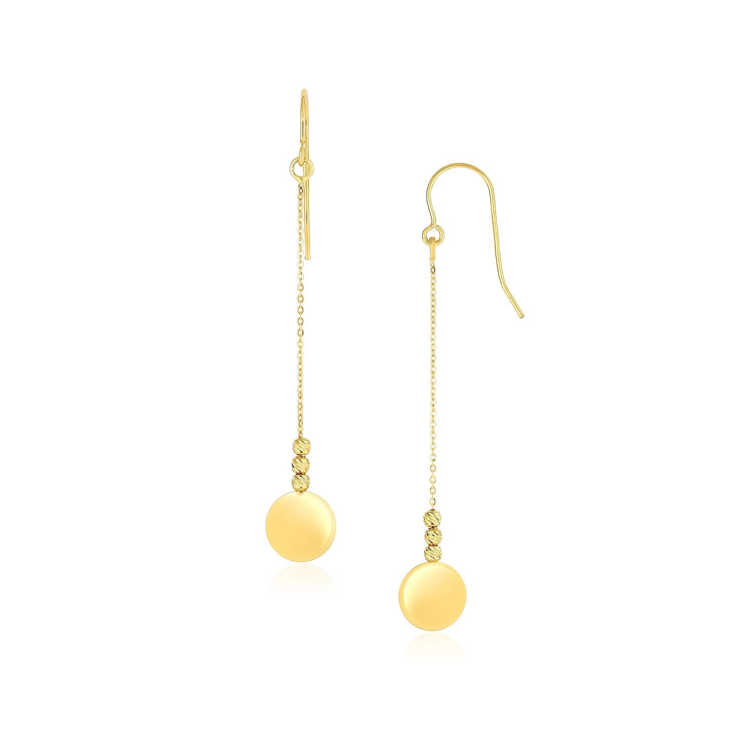 14k Yellow Gold Bead and Shiny Disc Drop Earrings-0