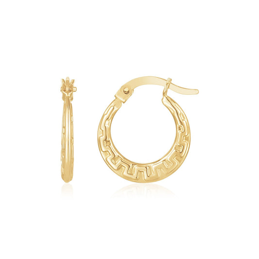 14k Yellow Gold Greek Key Hoop Earrings-0