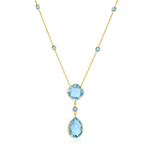 14k Yellow Gold Necklace with Pear-Shaped and Cushion Blue Topaz Briolettes-0