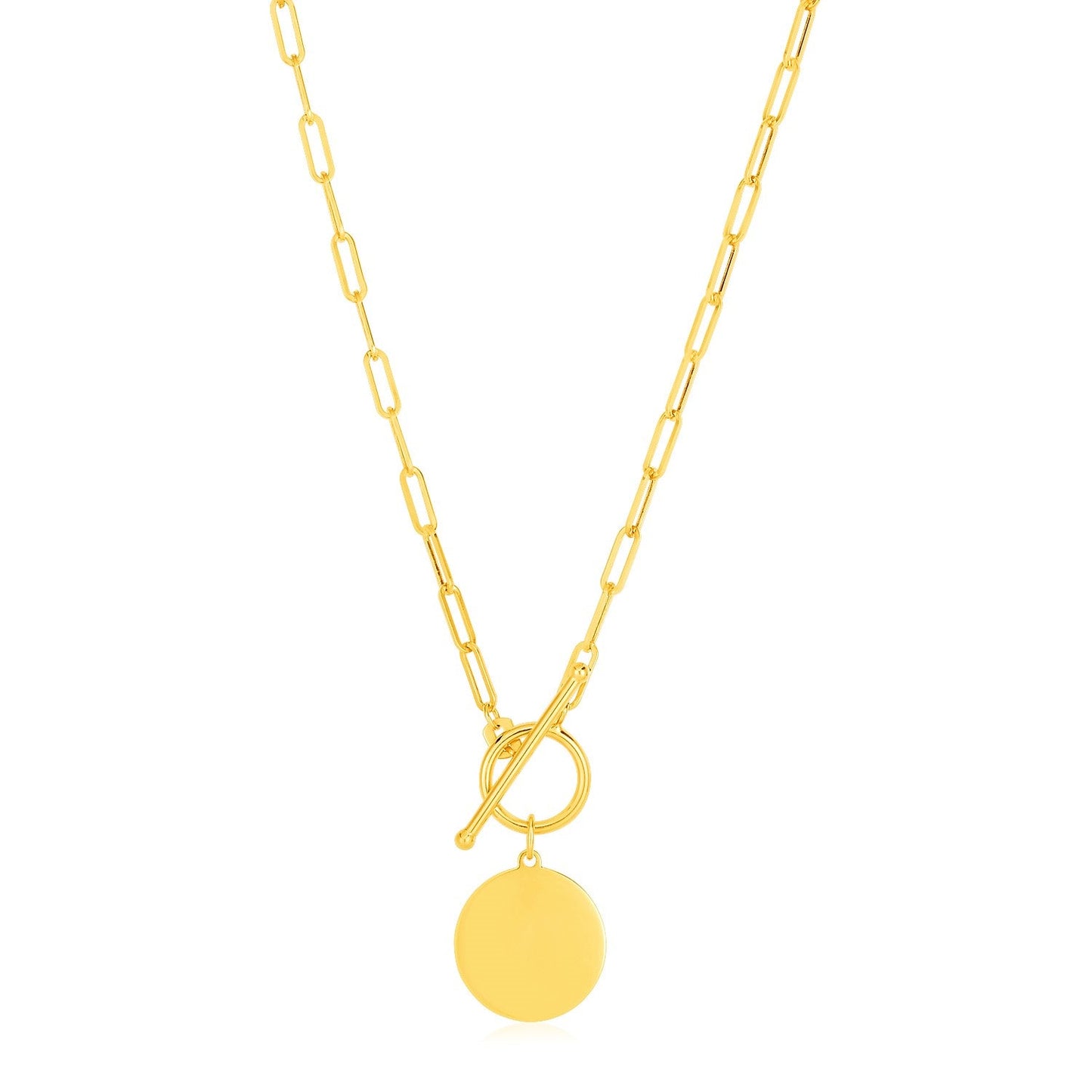 14k Yellow Gold Paperclip Chain Necklace with Circle Pendant-0