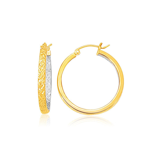 Two-Tone Yellow and White Gold Petite Patterned Hoop Earrings-0