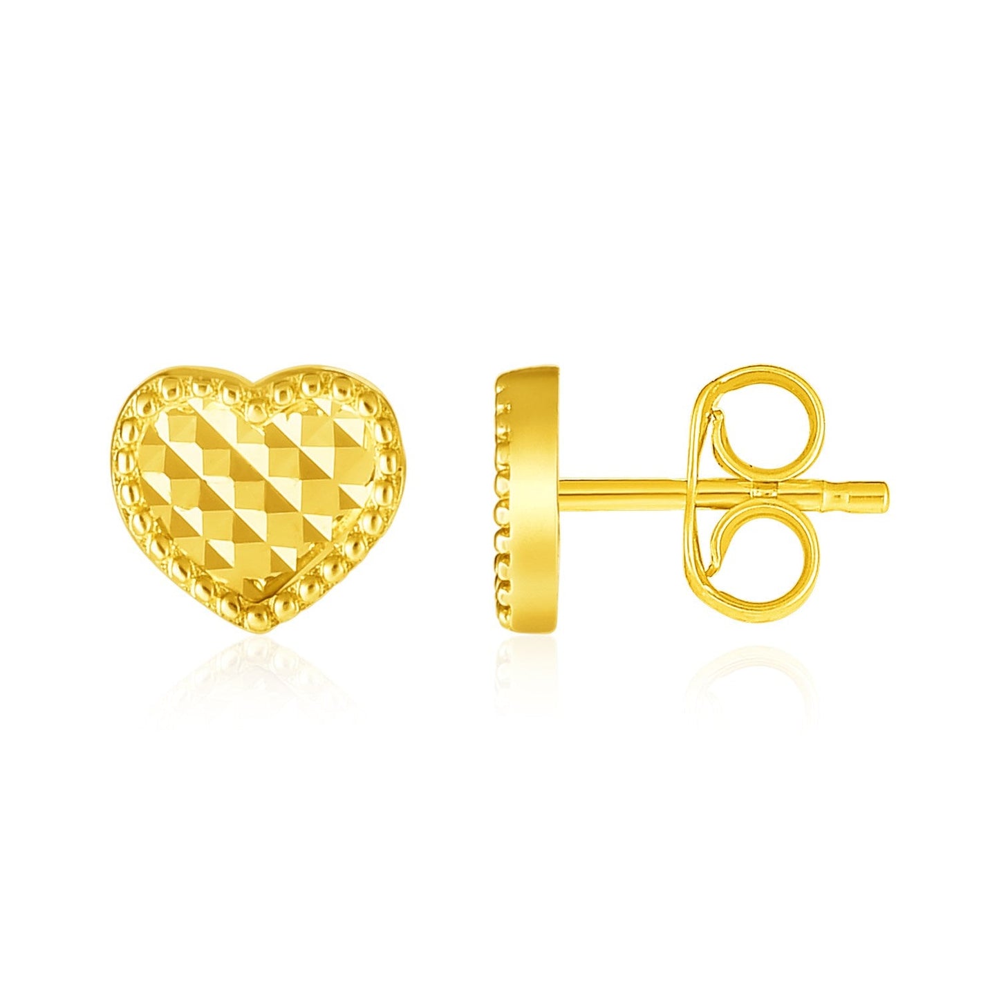 14k Yellow Gold Textured Heart Post Earrings-0