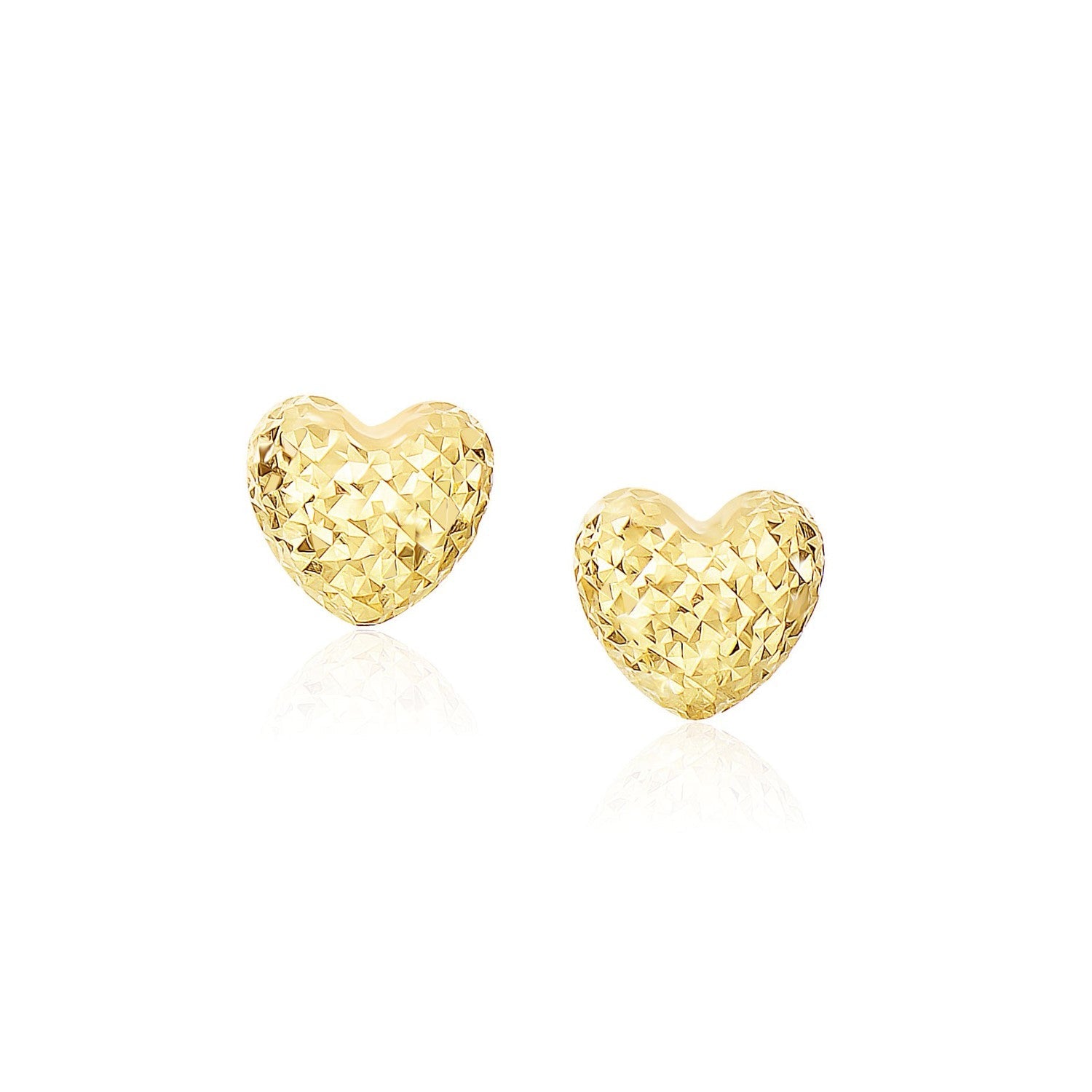 14k Yellow Gold Puffed Heart Earrings with Diamond Cuts-0