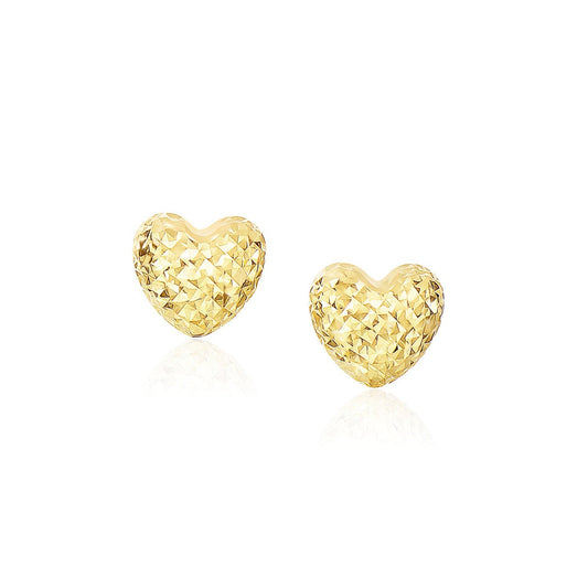 14k Yellow Gold Puffed Heart Earrings with Diamond Cuts-0