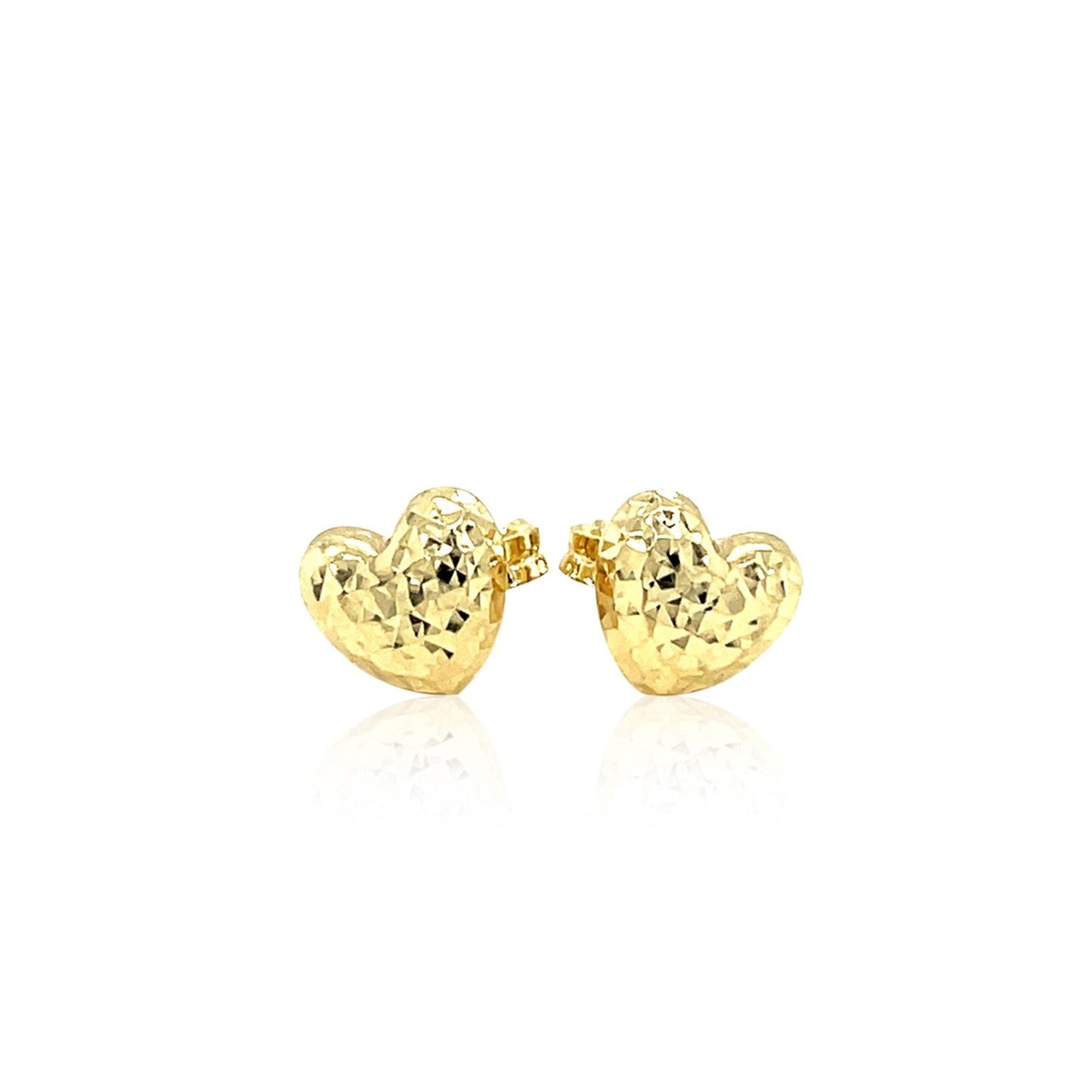 14k Yellow Gold Puffed Heart Earrings with Diamond Cuts-1