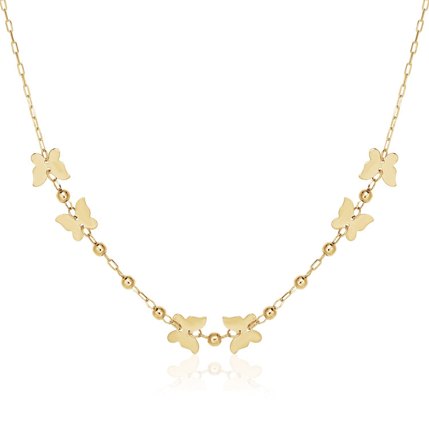 14k Yellow Gold 18 inch Necklace with Polished Butterflies and Beads-0