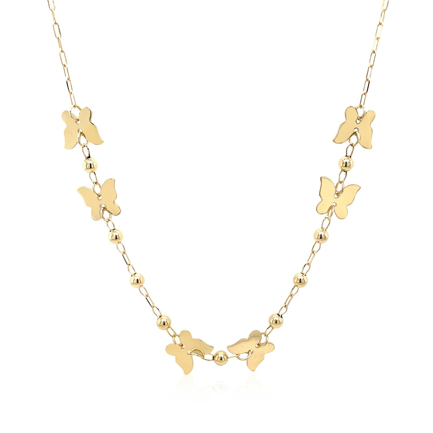 14k Yellow Gold 18 inch Necklace with Polished Butterflies and Beads-1