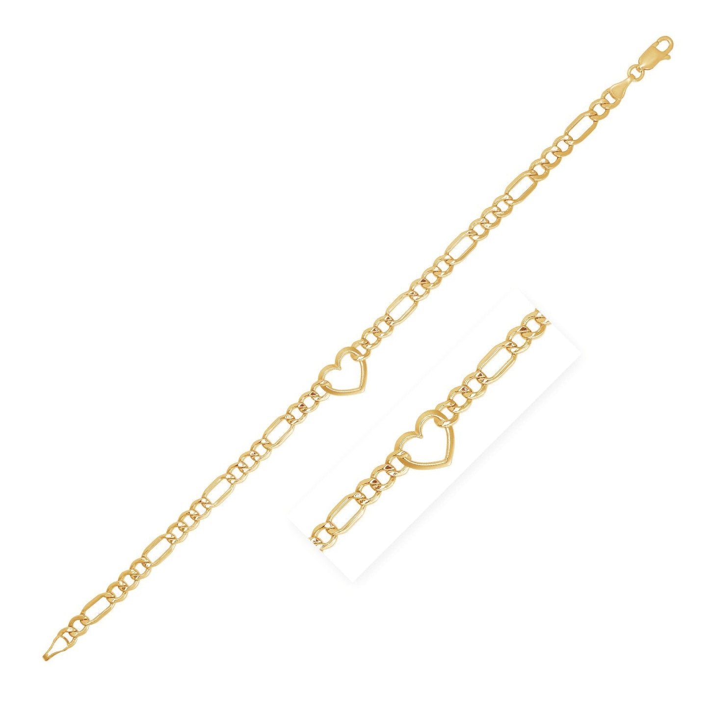 14k Yellow Gold 7 inch Figaro Chain Bracelet with Heart-0
