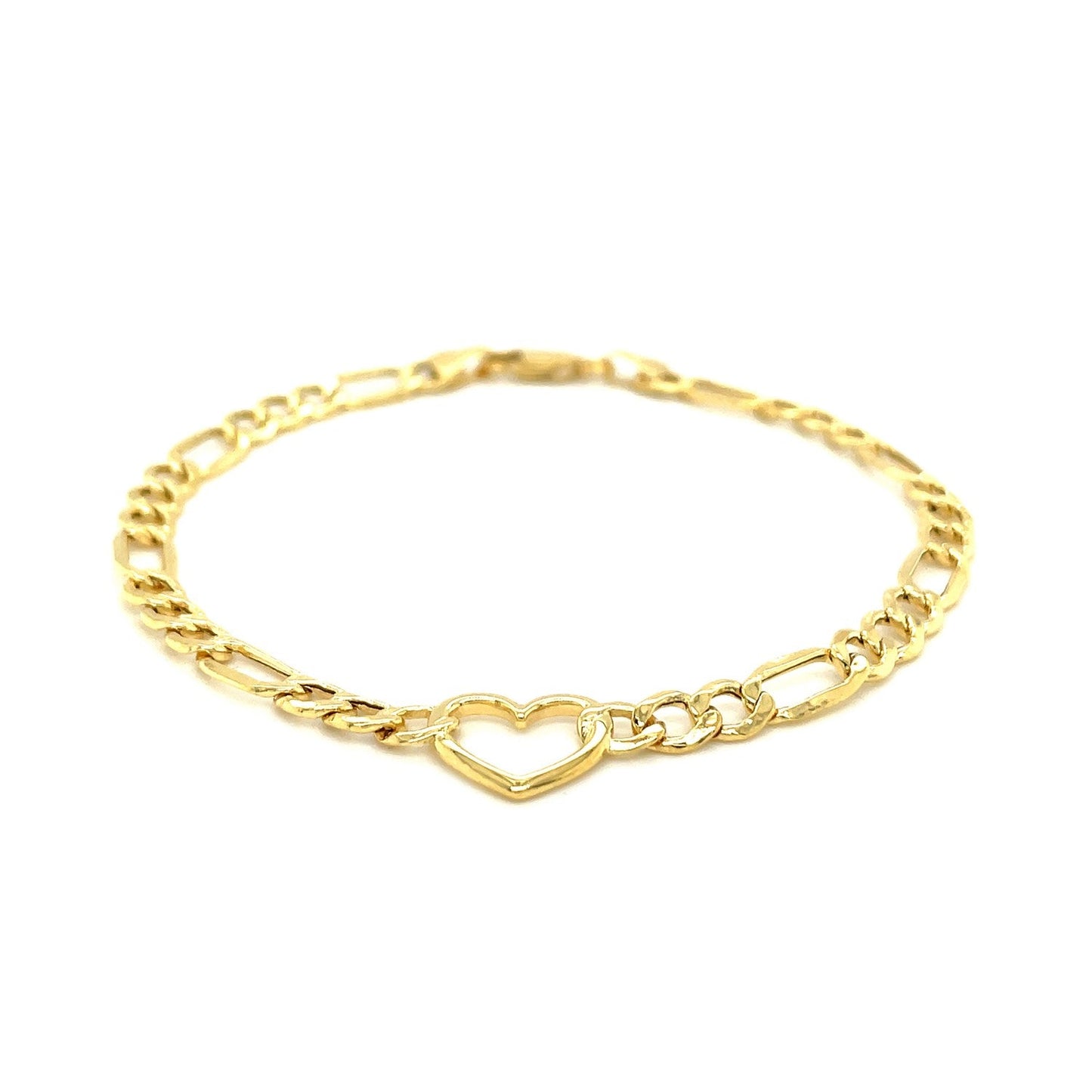 14k Yellow Gold 7 inch Figaro Chain Bracelet with Heart-1