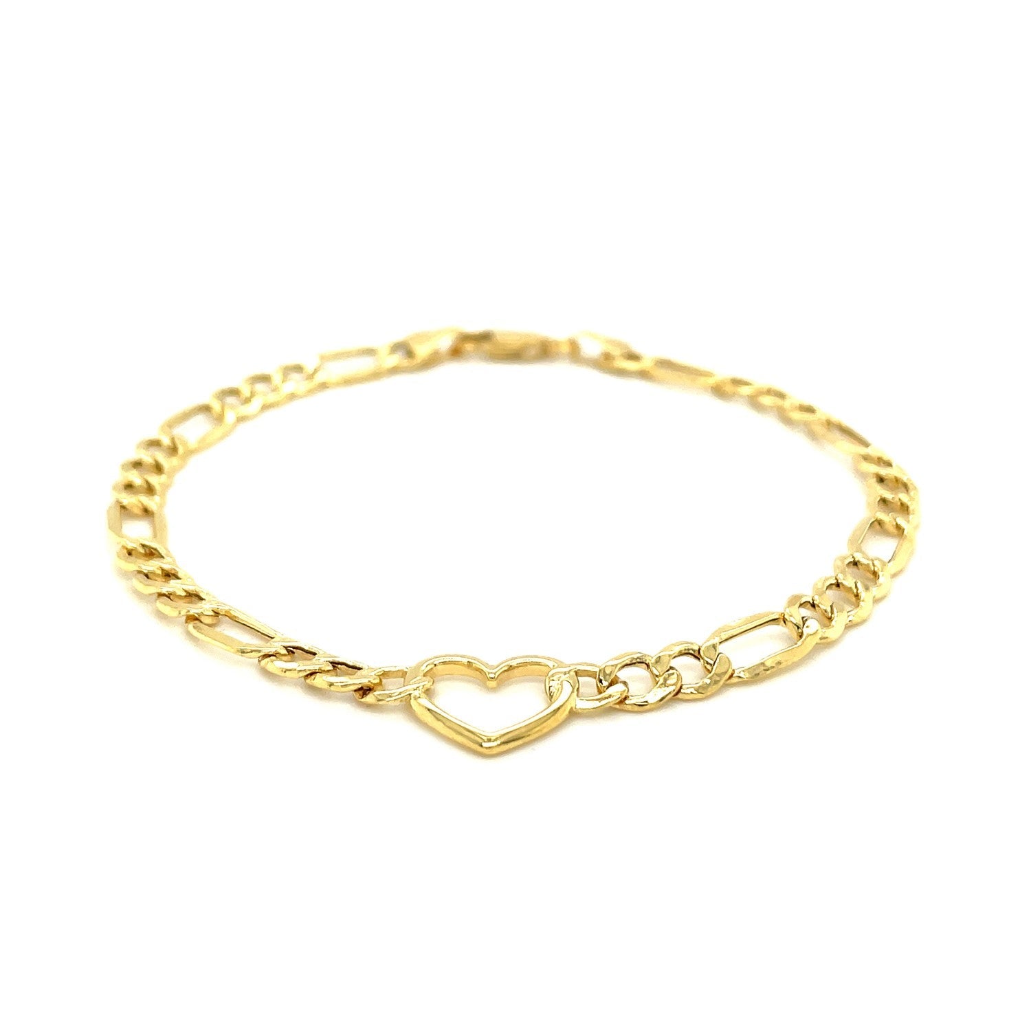 14k Yellow Gold 7 inch Figaro Chain Bracelet with Heart-1