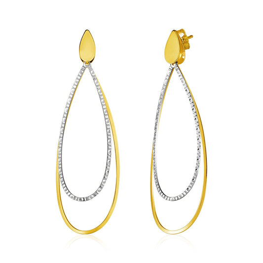14k Two Tone Gold Textured and Polished Open Teardrop Post Earrings-0