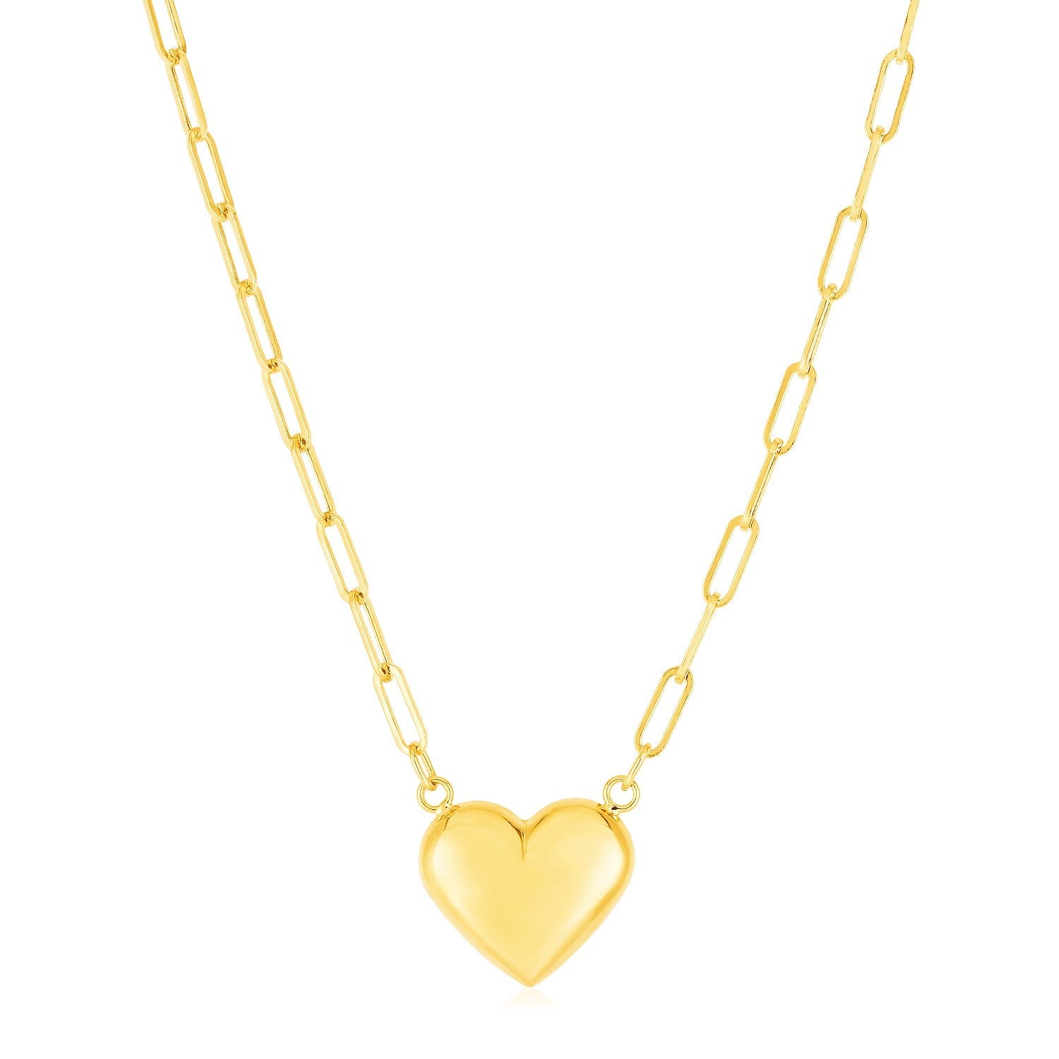 14k Yellow Gold Paperclip Chain Necklace with Puffed Heart-0