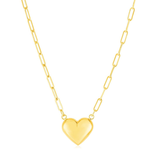 14k Yellow Gold Paperclip Chain Necklace with Puffed Heart-0