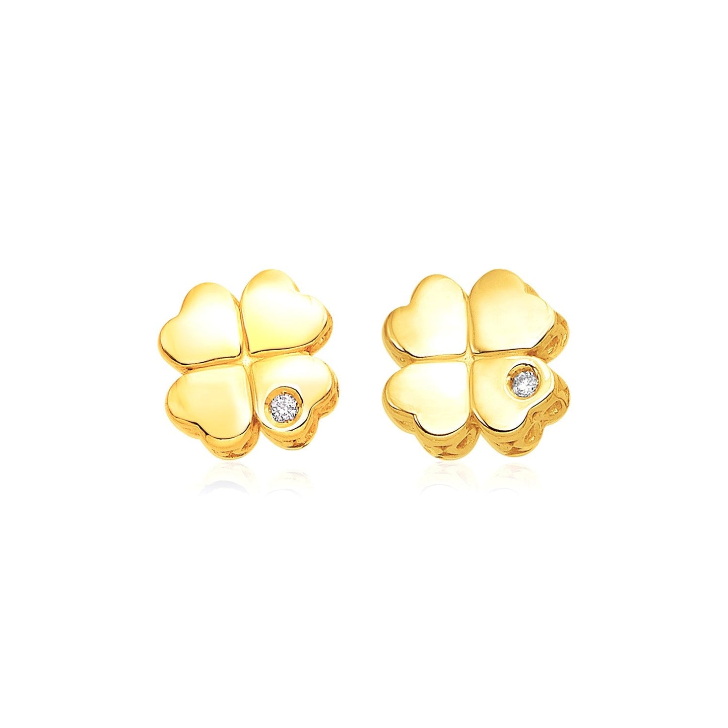 14k Yellow Gold Polished Four Leaf Clover Earrings with Diamonds-0