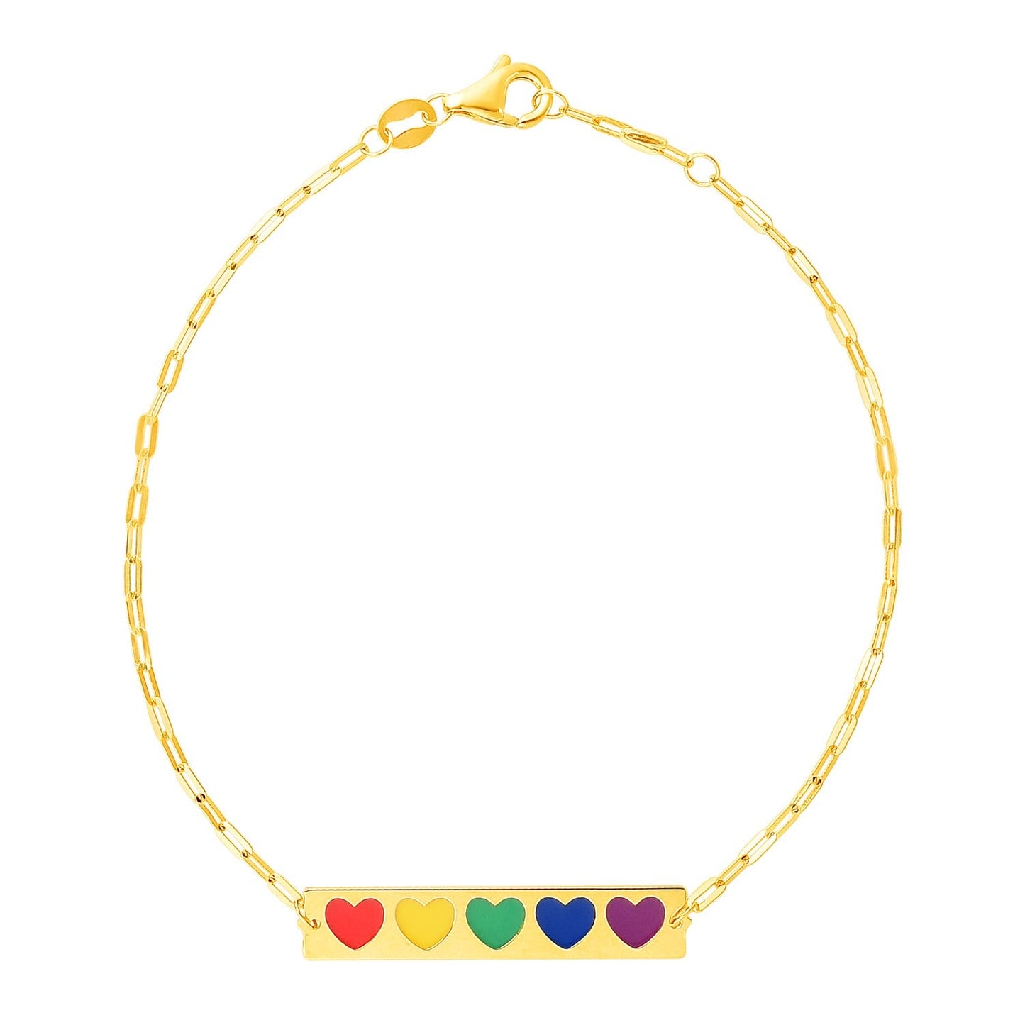 14k Yellow Gold 7 inch Bar Bracelet with Rainbow Enamel Hearts-0