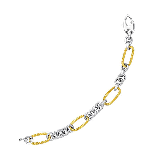 14k Two-Tone Gold Bracelet with Cable Textured Oval and Round Links-0
