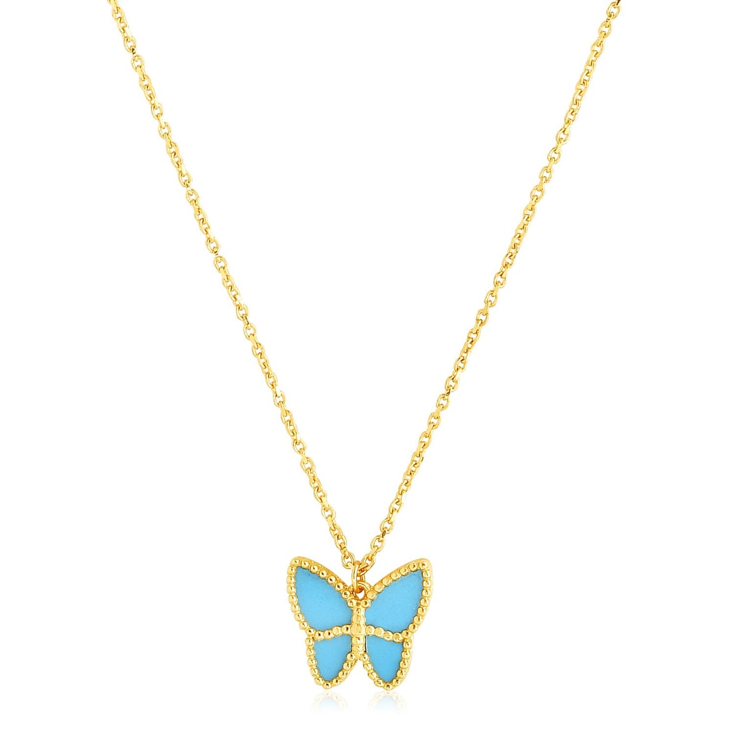 14k Yellow Gold High Polish Butterfly Turquoise Paste Necklace-0