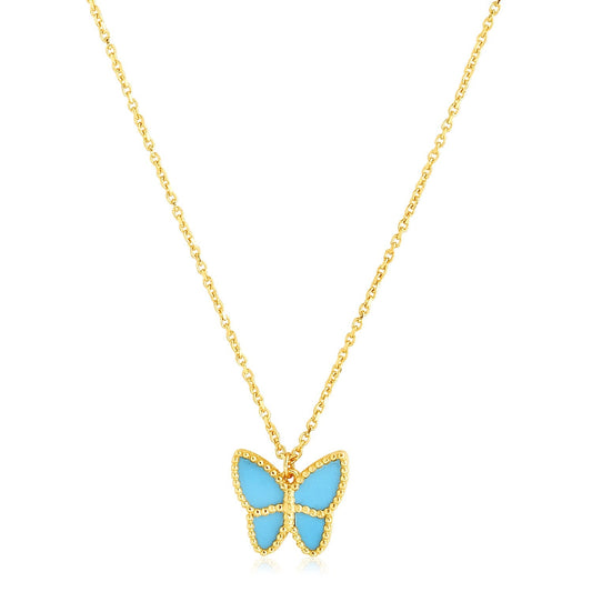 14k Yellow Gold High Polish Butterfly Turquoise Paste Necklace-0