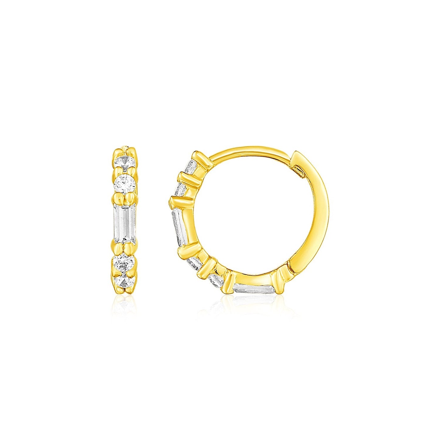 14k Yellow Gold Petite Hoop Earrings with Baguette Cubic Zirconias-0