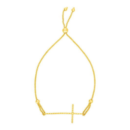Adjustable Bracelet with Textured Cross in 14k Yellow Gold-0
