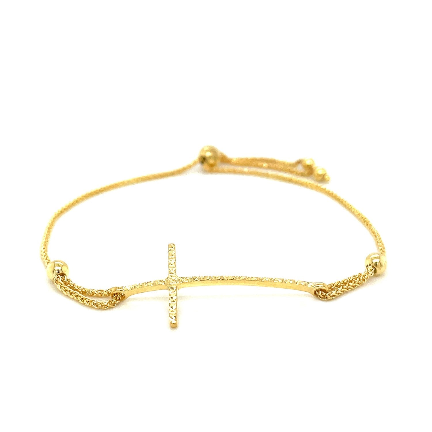 Adjustable Bracelet with Textured Cross in 14k Yellow Gold-1