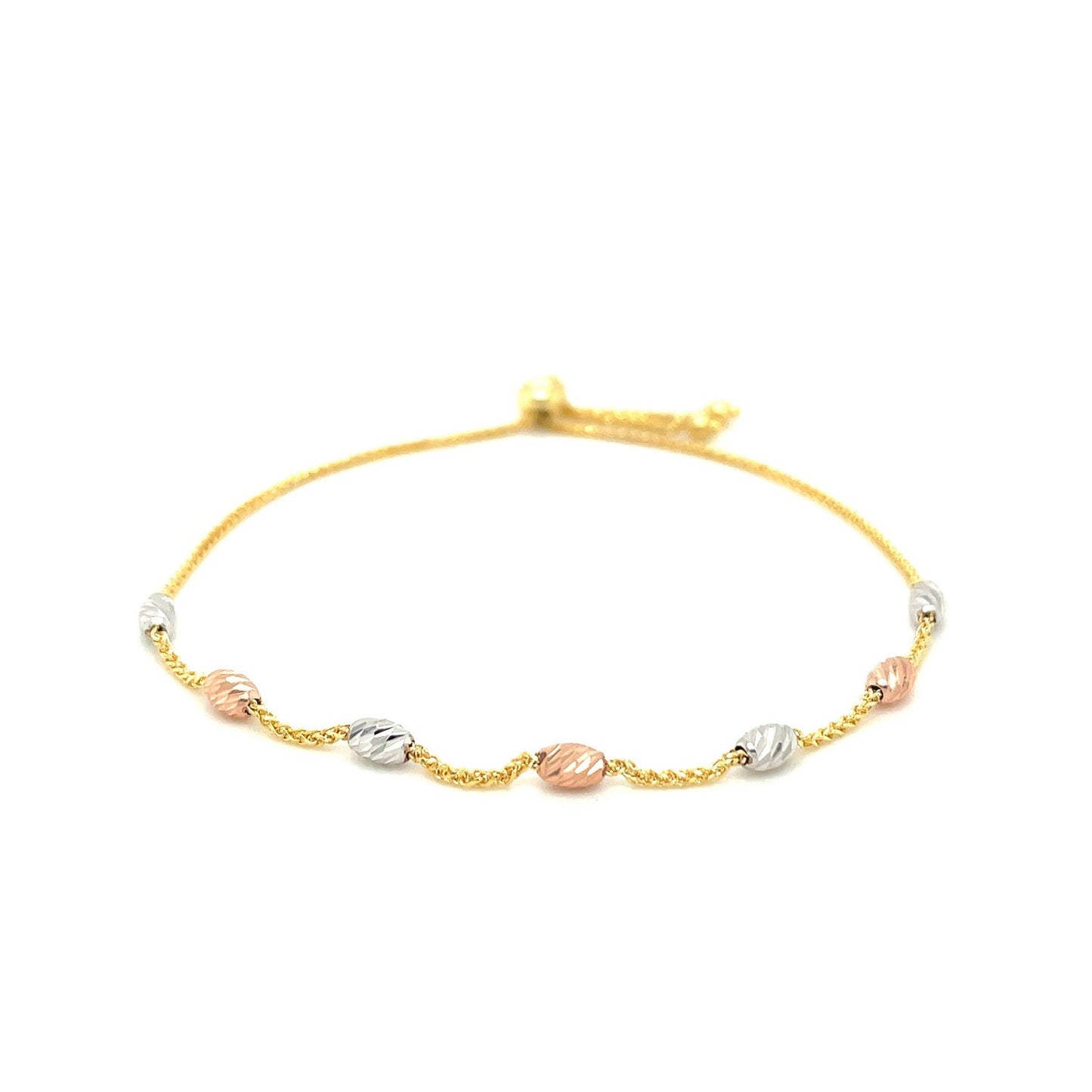14k Tri-Color Gold Textured Oval Station Lariat Style Bracelet-1