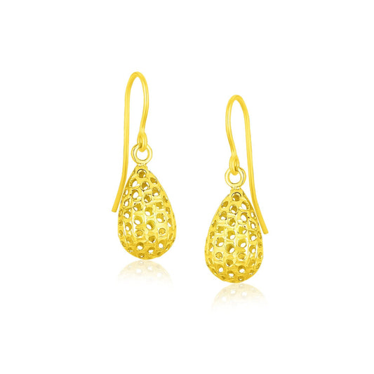 14k Yellow Gold Teardrop Drop Earrings with Honeycomb Texture-0