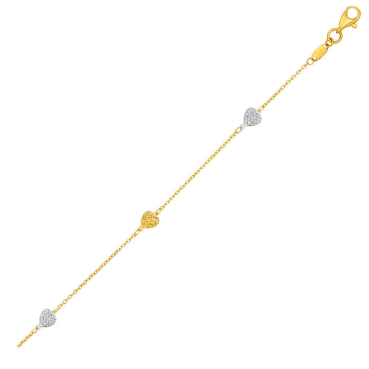 14k Two-Toned Yellow and White Gold Anklet with Textured Hearts-0