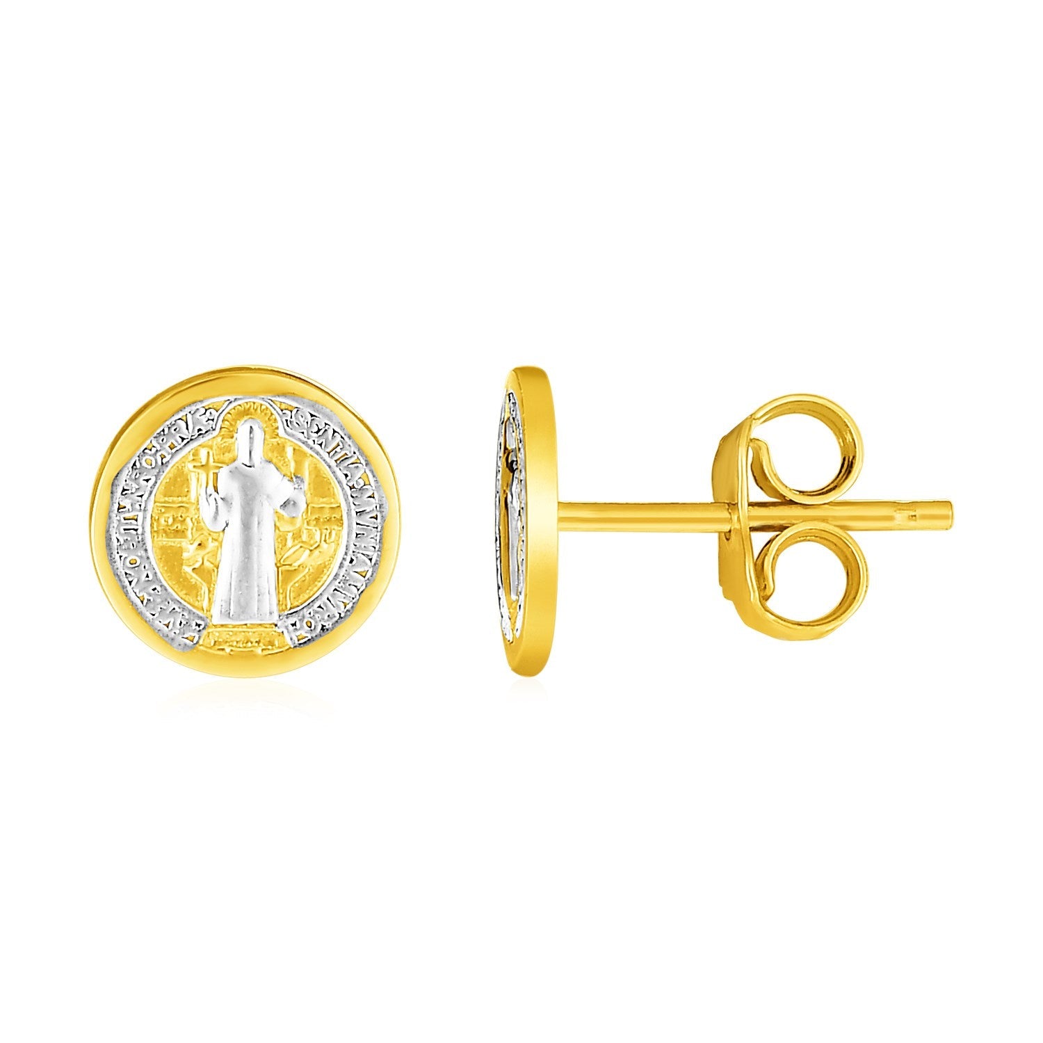 14k Two Tone Gold Round Religious Medal Post Earrings-0