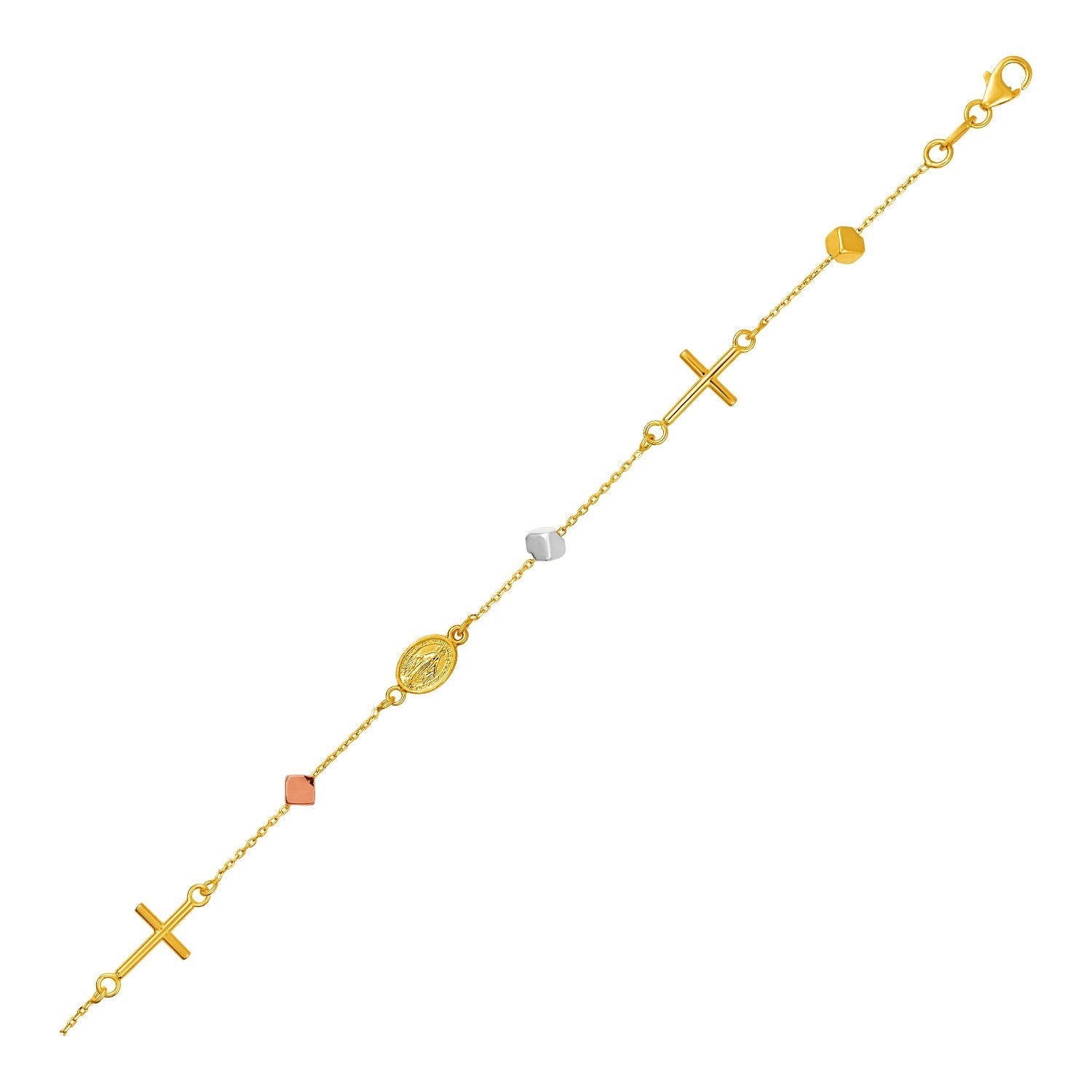 14k Tri Color Gold Bracelet with Crosses Cubes and Medallions-0