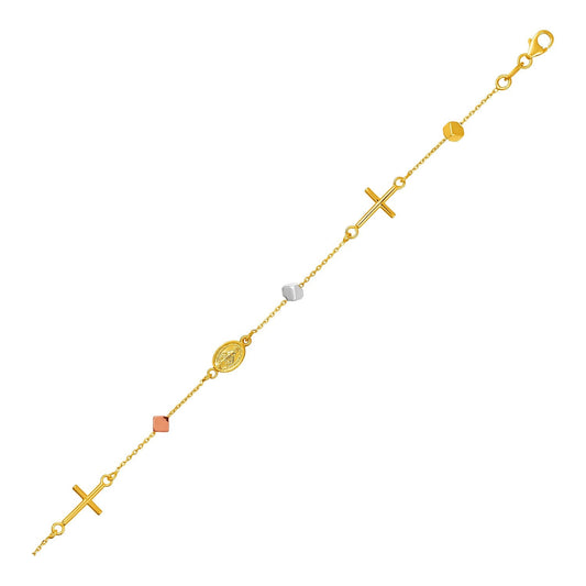 14k Tri Color Gold Bracelet with Crosses Cubes and Medallions-0