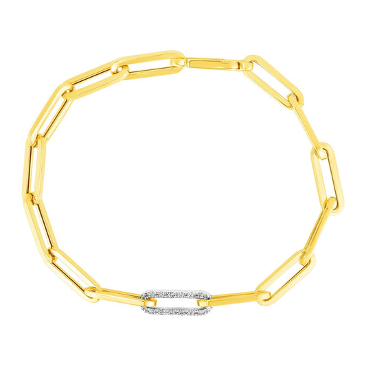 14k Yellow Gold Paperclip Chain Bracelet with Diamond Link-0