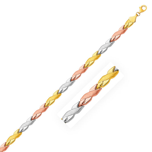 14k Tri-Color Gold Shiny and Textured X Link Bracelet-0
