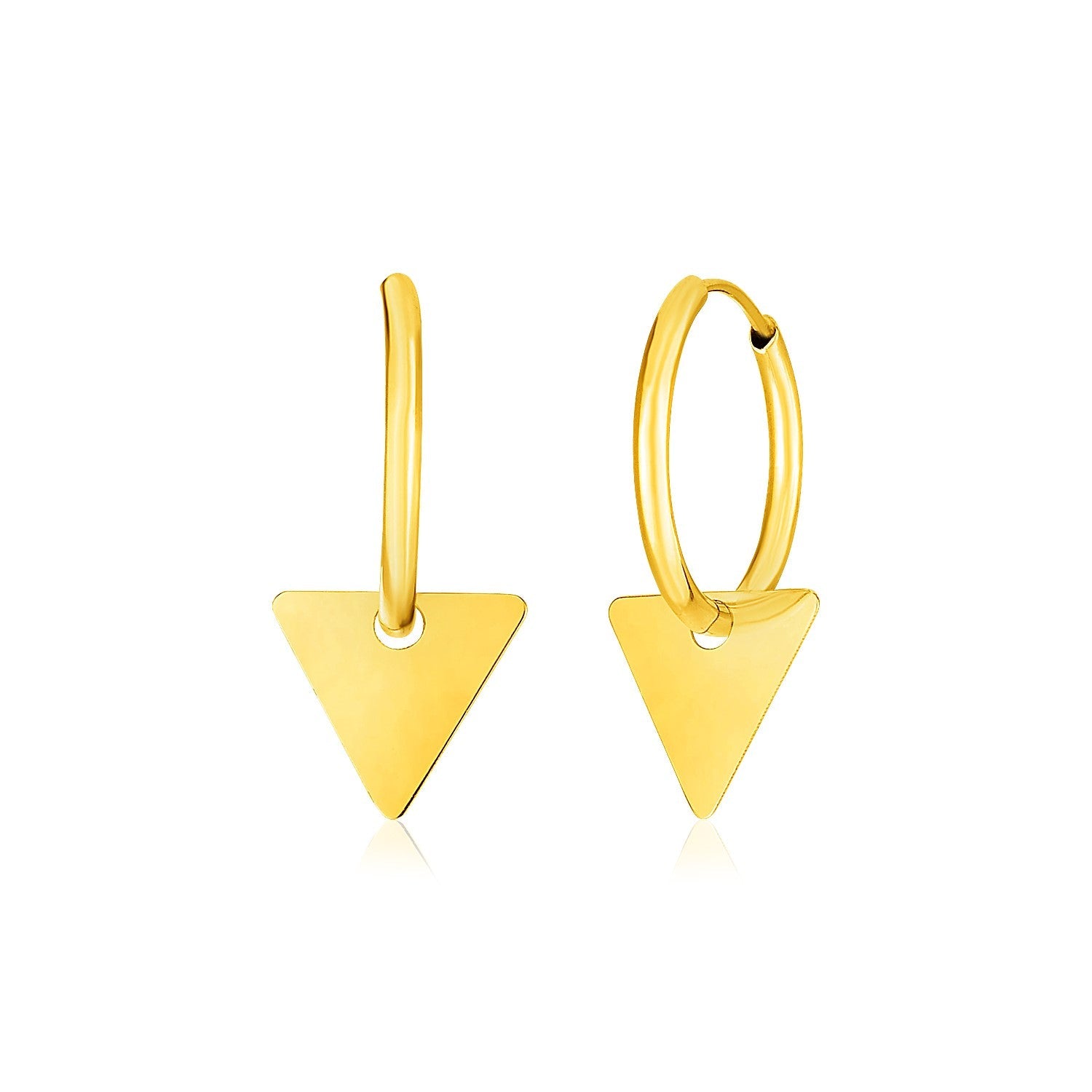 14k Yellow Gold Huggie Style Hoop Earrings with Triangle Drops-0