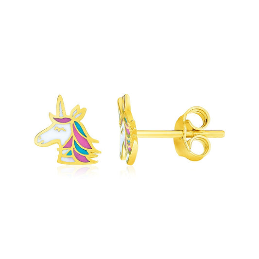 14k Yellow Gold Enameled Unicorn Childrens Earrings-0