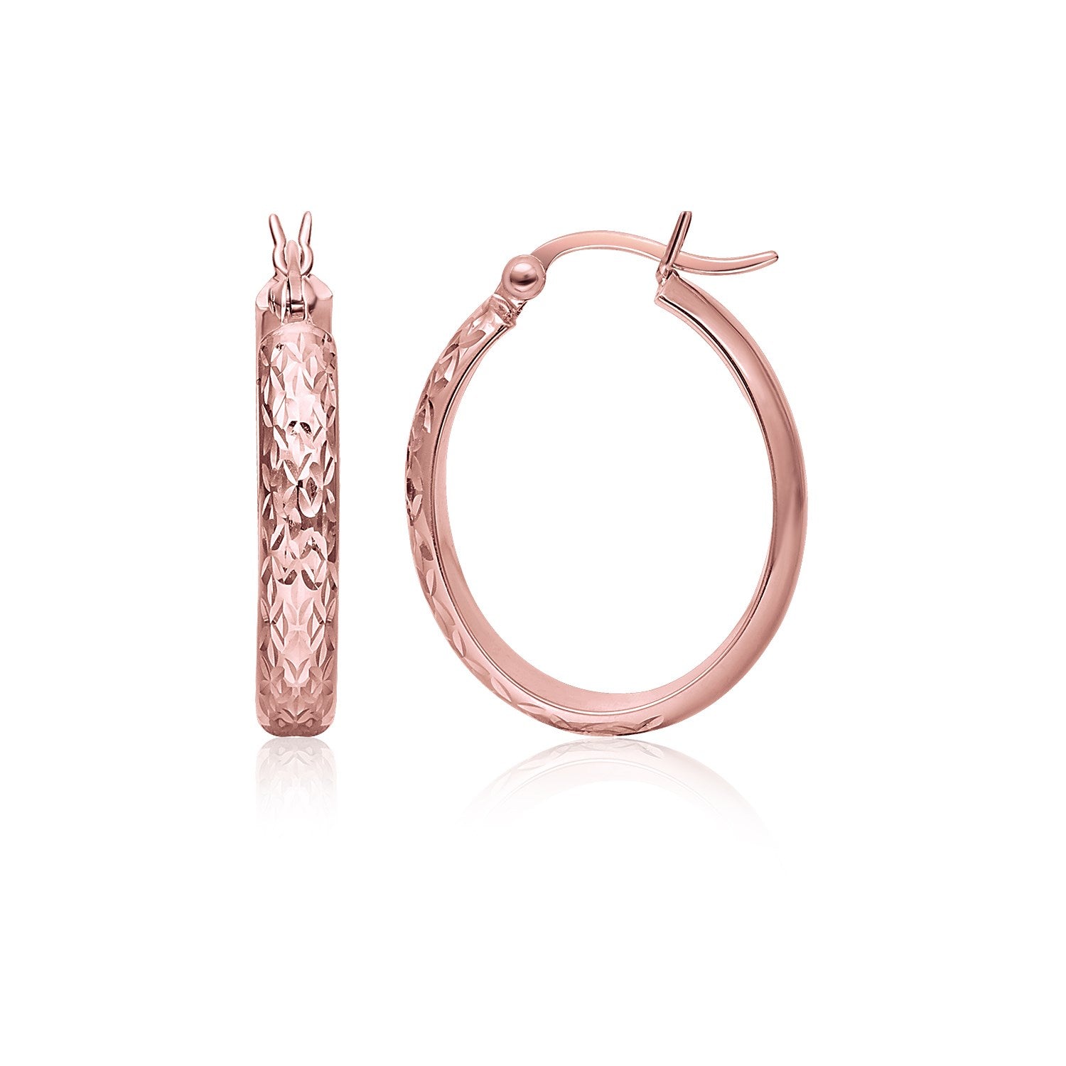 14k Rose Gold Hammered Oval Hoop Earrings-0